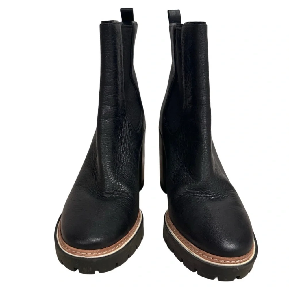 New Tory Burch Black Genuine Leather Chelsea Pull On Heeled Boot Rugged Sole 8